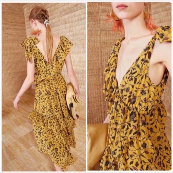 Ulla Johnson Dania Ruffled Midi Dress Handkerchief Hem Gold Size 8 Medium - Picture 2 of 15